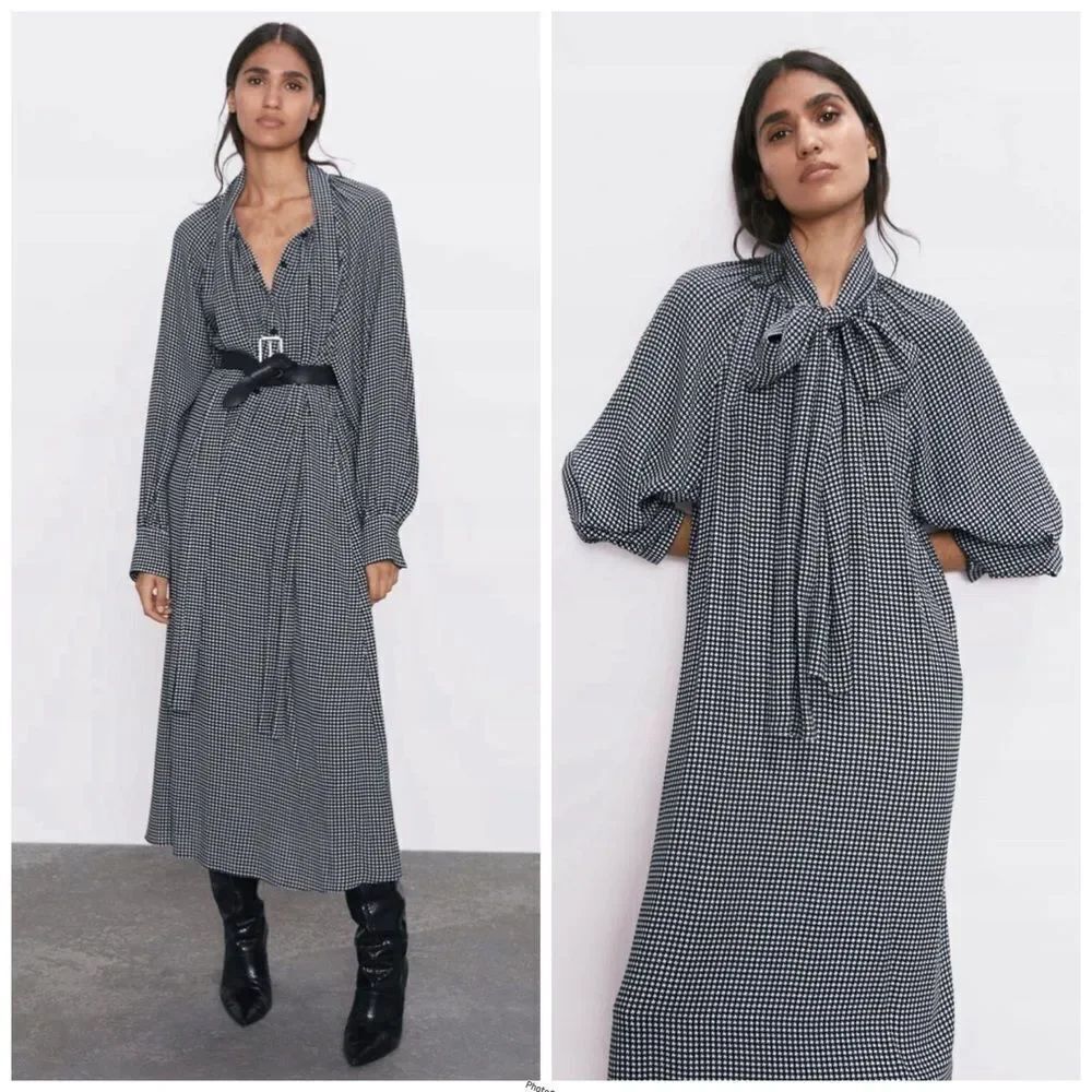 Zara Black and White Houndstooth Print Dress with Tie